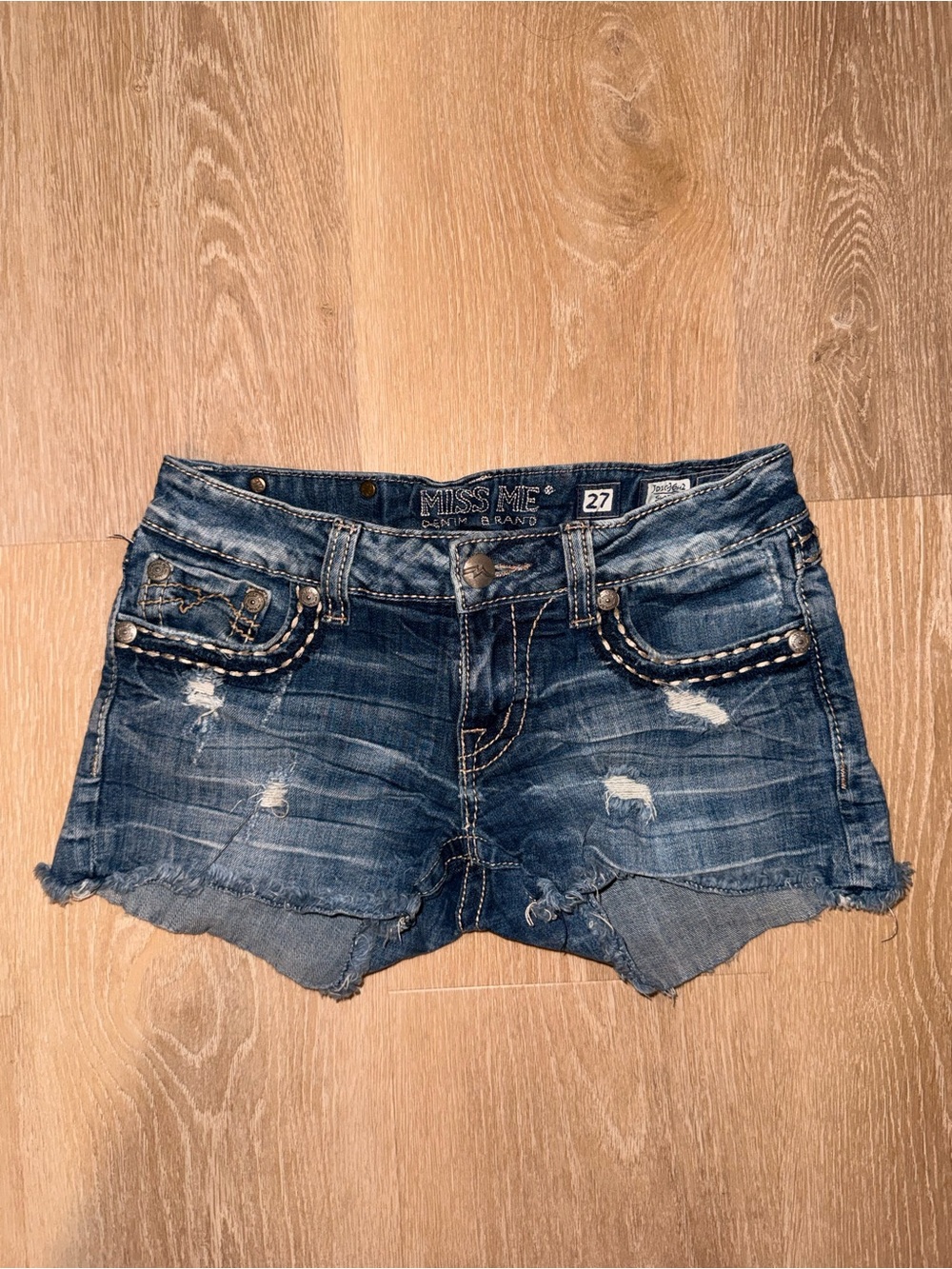 Miss Me Blue Distressed Frayed Hem Denim Mini Shorts